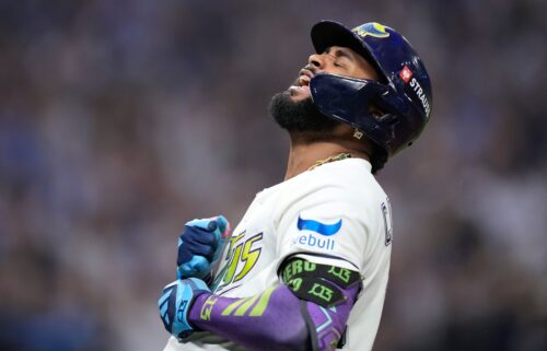 Tampa Bay Rays' Junior Caminero celebrates his seventh-inning home run that sealed a trip to the World Series for his team.