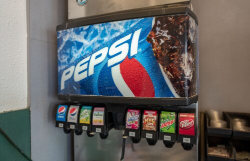 A soda fountain with PepsiCo products.