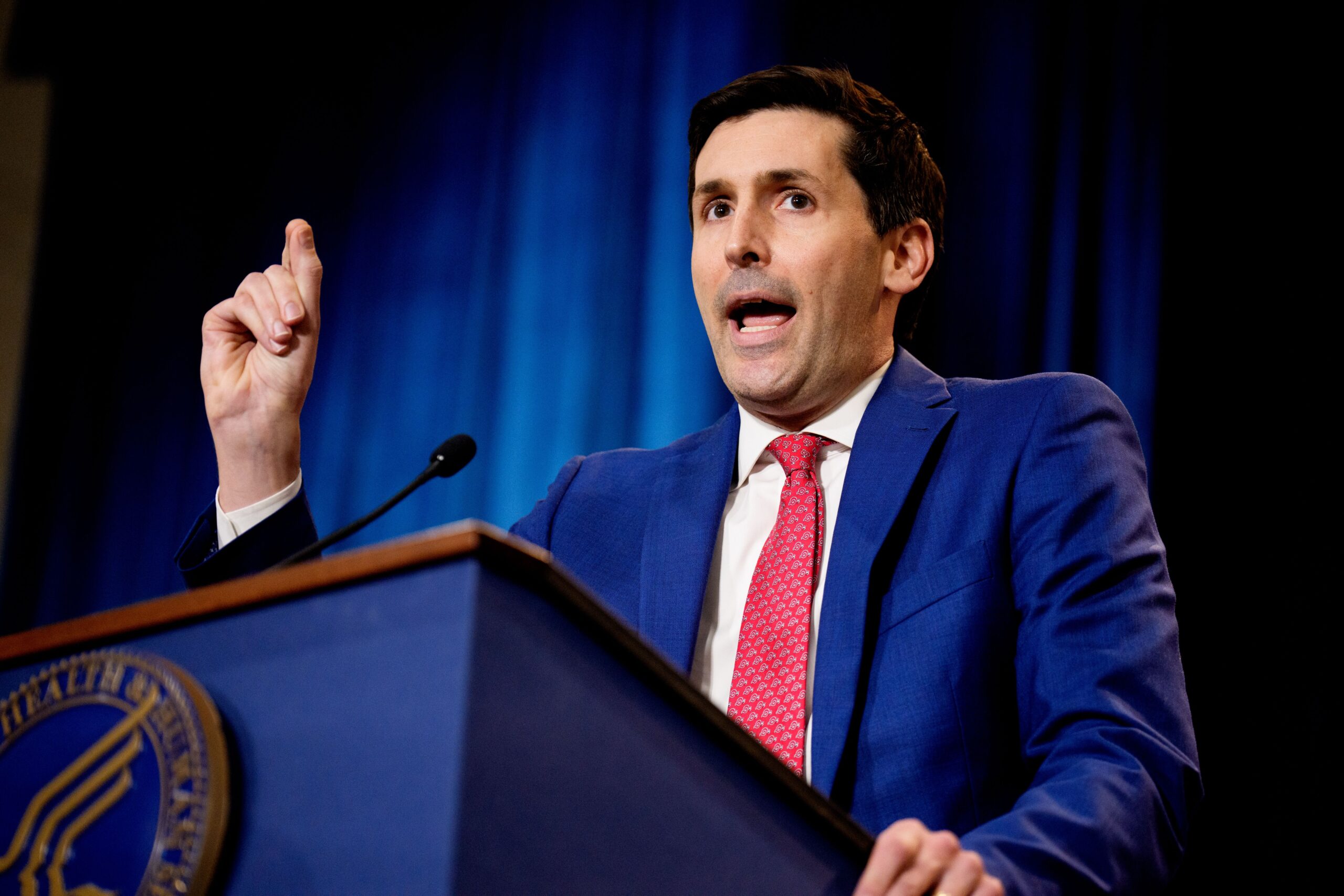 <i>Andrew Harnik/Getty Images/File via CNN Newsource</i><br/>American entrepreneur and special government employee for Health and Human Services Calley Means speaks during a news conference at the Health and Human Services Department in Washington